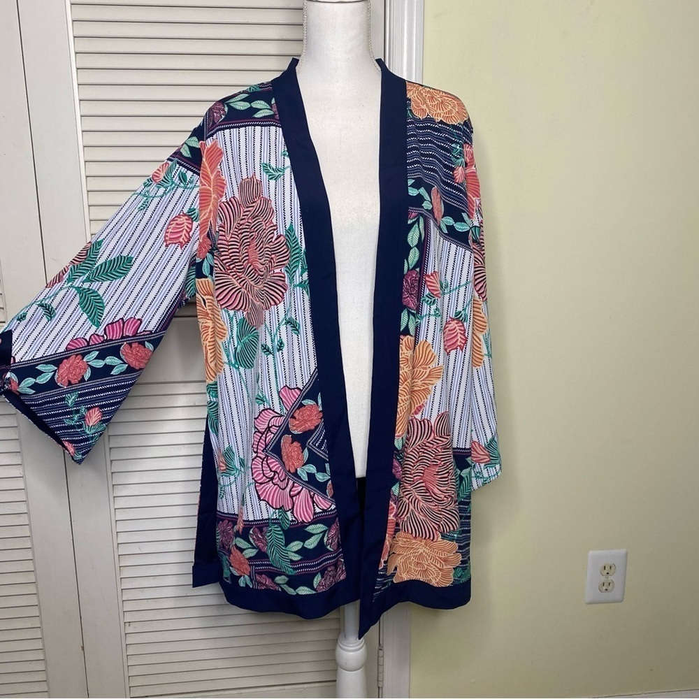 Chicos Womens Floral Kimono Size XL 3 Multicolor Open Front 3/4 Sleeve Striped